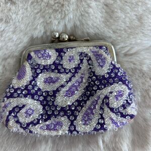 Vintage Purple Paisley Beaded Kiss Lock Coin Purse Retro Boho